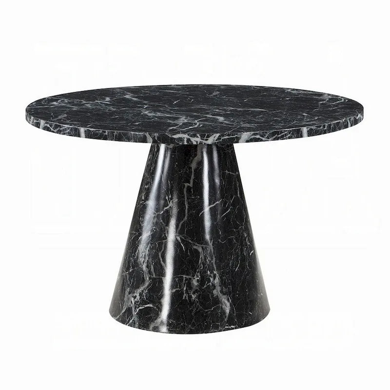 Table de salle à manger ronde noire sur pied, plateau aspect pierre, 4 places, 122 cm