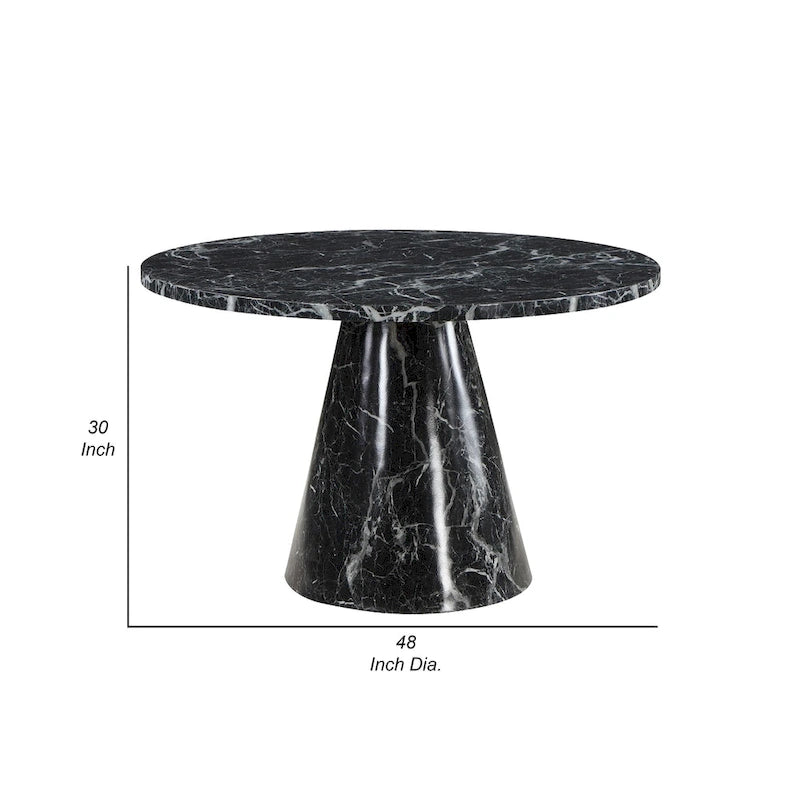 Table de salle à manger ronde noire sur pied, plateau aspect pierre, 4 places, 122 cm