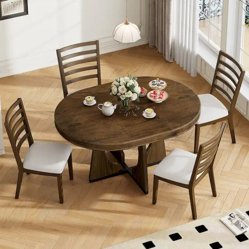 Ensemble de salle à manger rond extensible 5 places, style rétro, marron/naturel (5 pièces)