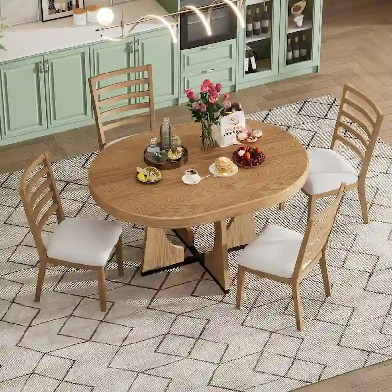 Ensemble de salle à manger rond extensible 5 places, style rétro, marron/naturel (5 pièces)