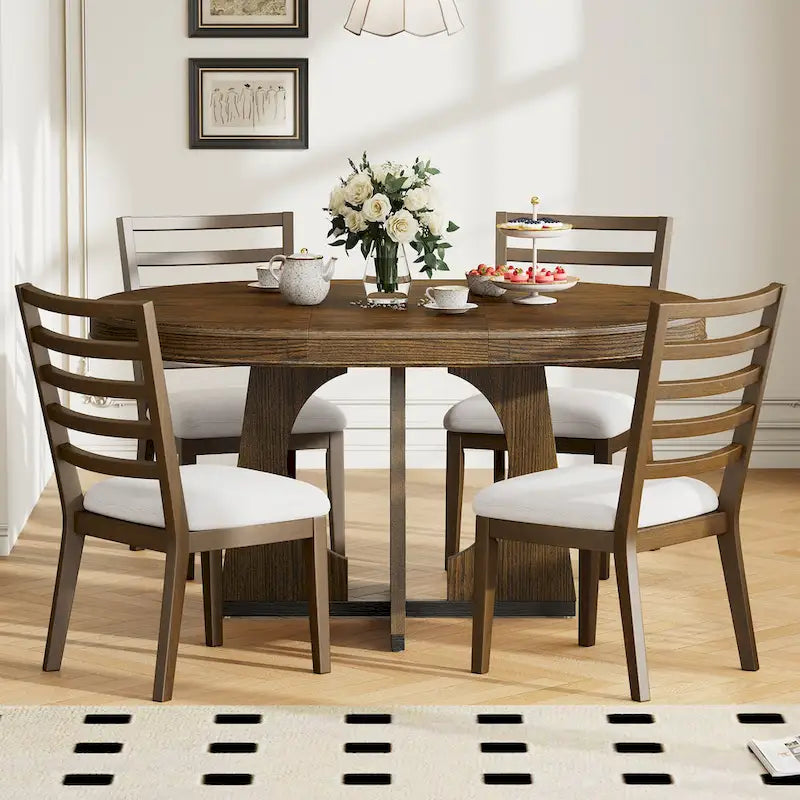 Ensemble de salle à manger rond extensible 5 places, style rétro, marron/naturel (5 pièces)