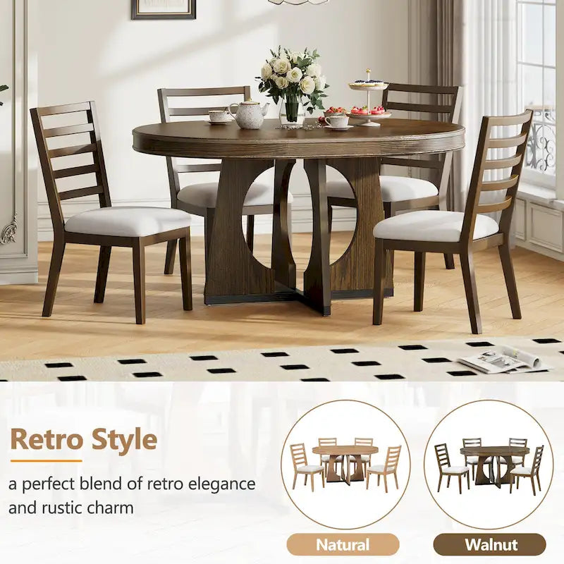 Ensemble de salle à manger rond extensible 5 places, style rétro, marron/naturel (5 pièces)