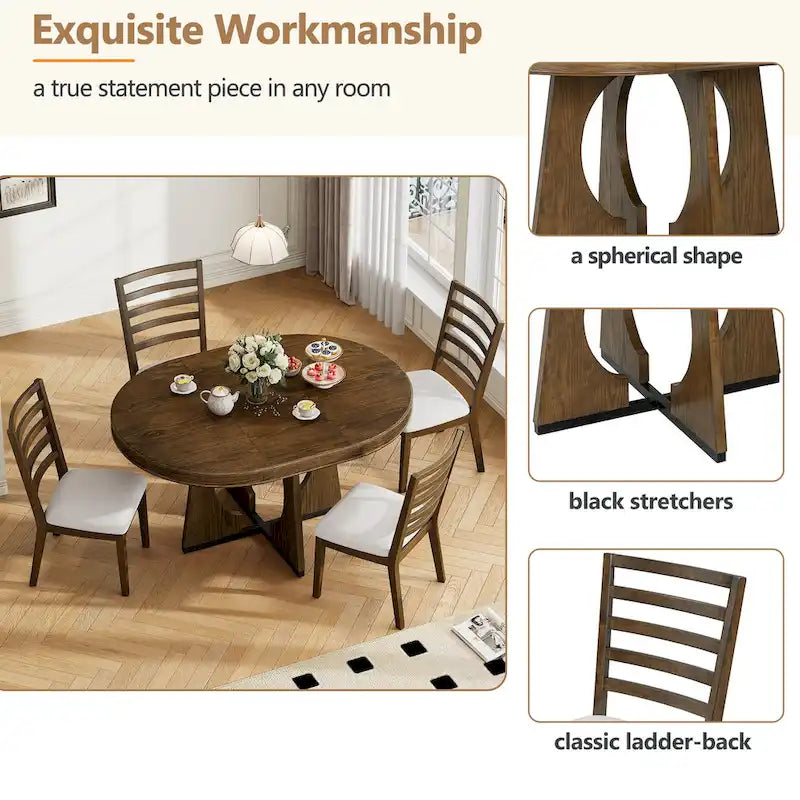 Ensemble de salle à manger rond extensible 5 places, style rétro, marron/naturel (5 pièces)