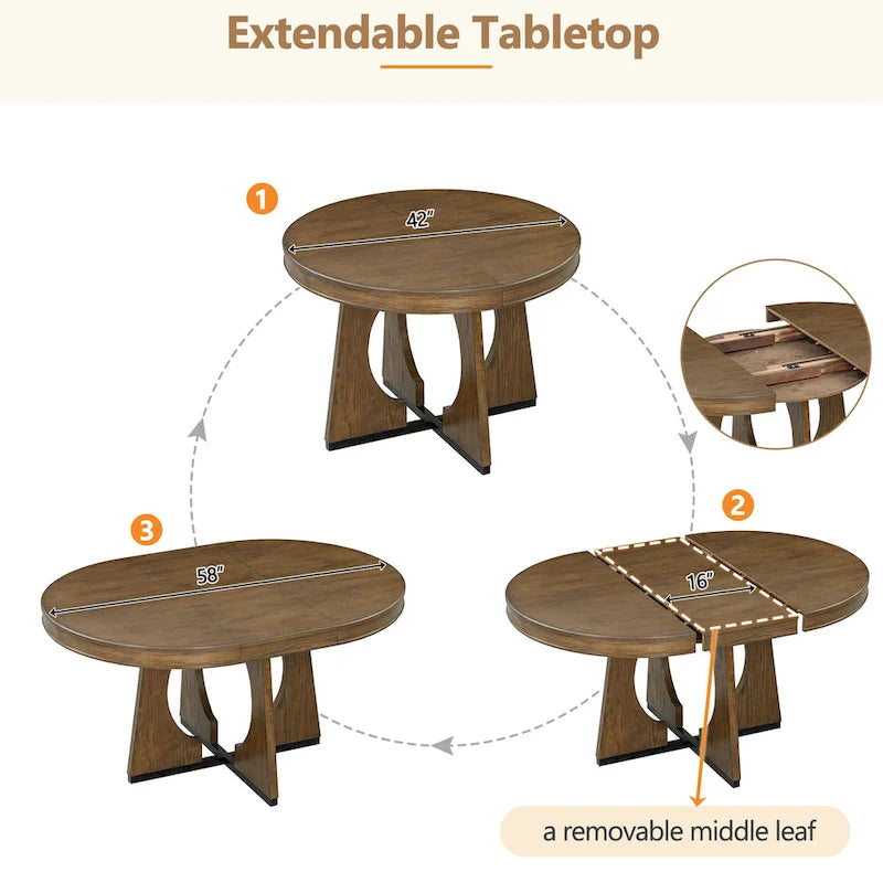 Ensemble de salle à manger rond extensible 5 places, style rétro, marron/naturel (5 pièces)