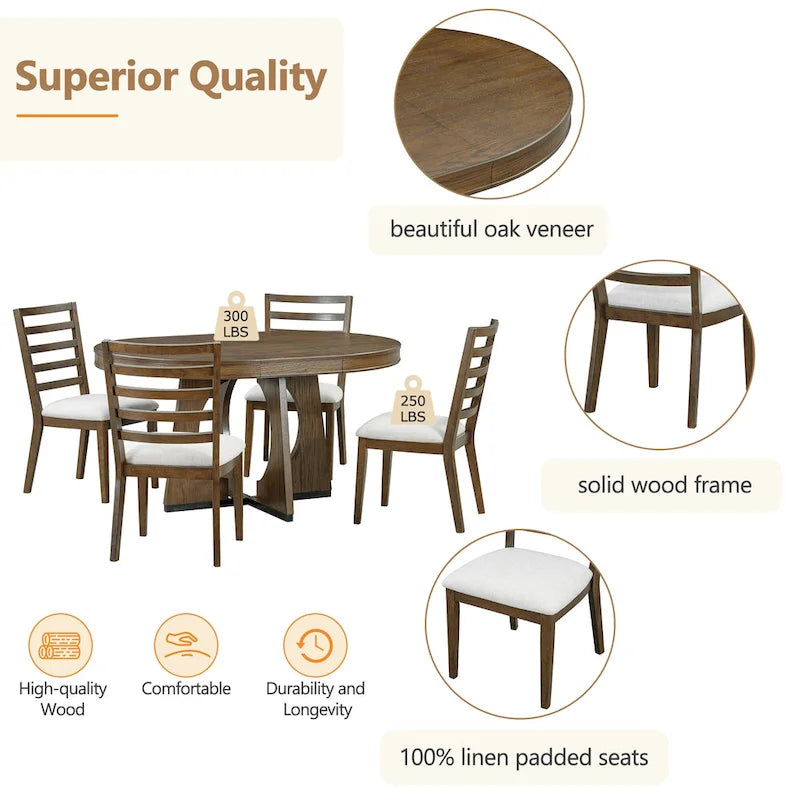 Ensemble de salle à manger rond extensible 5 places, style rétro, marron/naturel (5 pièces)