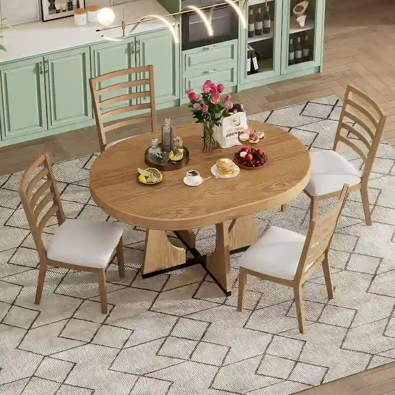 Ensemble de salle à manger rond extensible 5 places, style rétro, marron/naturel (5 pièces)