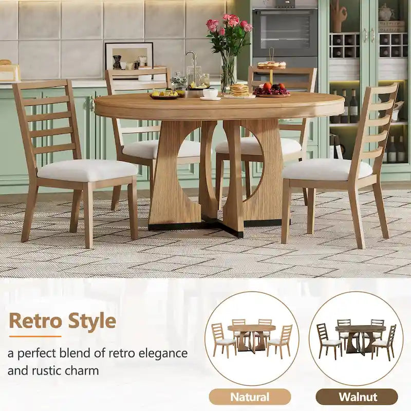 Ensemble de salle à manger rond extensible 5 places, style rétro, marron/naturel (5 pièces)