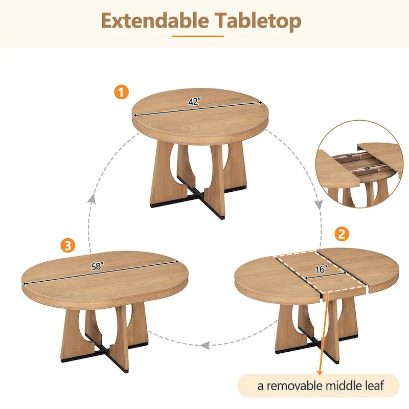 Ensemble de salle à manger rond extensible 5 places, style rétro, marron/naturel (5 pièces)