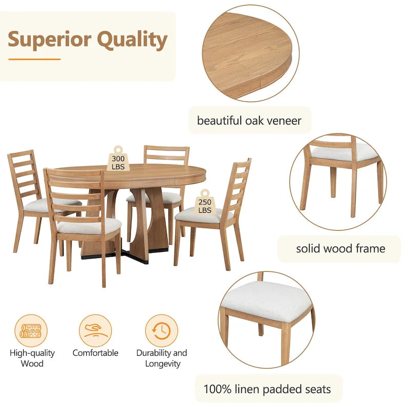 Ensemble de salle à manger rond extensible 5 places, style rétro, marron/naturel (5 pièces)