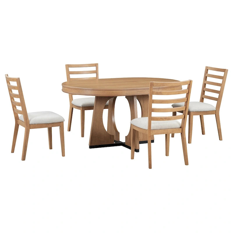Ensemble de salle à manger rond extensible 5 places, style rétro, marron/naturel (5 pièces)