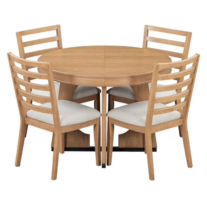 Ensemble de salle à manger rond extensible 5 places, style rétro, marron/naturel (5 pièces)