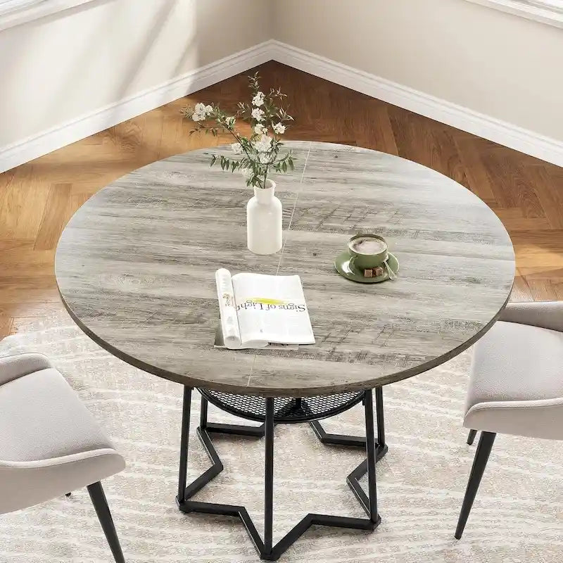 Table à manger ronde grise avec étagère de rangement, base hexagonale, 1 à 2 places