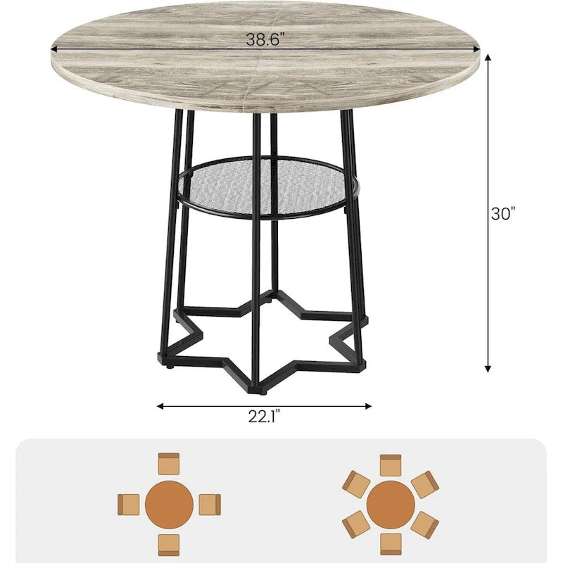 Table à manger ronde grise avec étagère de rangement, base hexagonale, 1 à 2 places