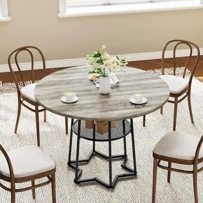 Table à manger ronde grise avec étagère de rangement, base hexagonale, 1 à 2 places
