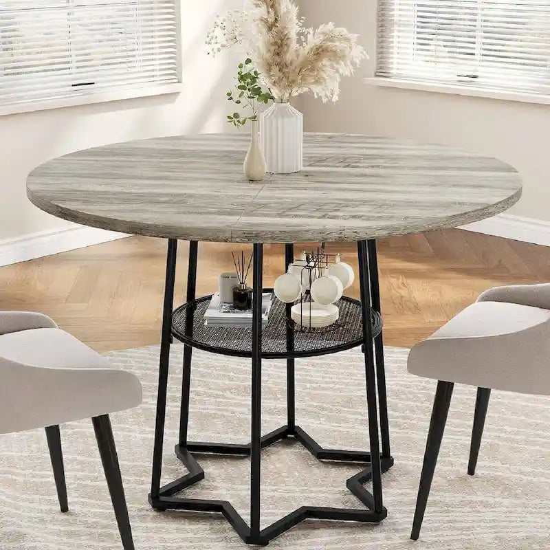 Table à manger ronde grise avec étagère de rangement, base hexagonale, 1 à 2 places