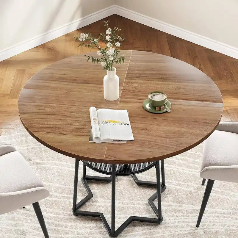 Table à manger ronde grise avec étagère de rangement, base hexagonale, 1 à 2 places