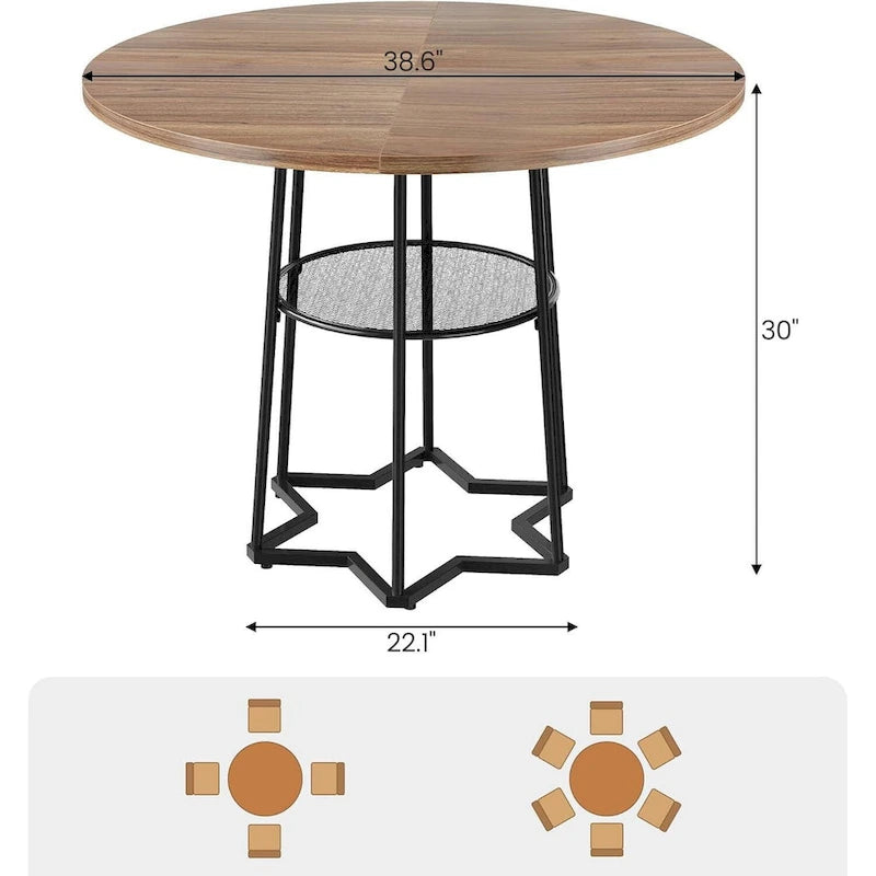 Table à manger ronde grise avec étagère de rangement, base hexagonale, 1 à 2 places