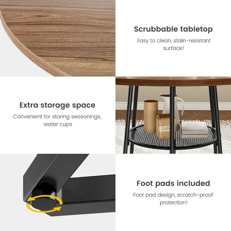 Table à manger ronde grise avec étagère de rangement, base hexagonale, 1 à 2 places