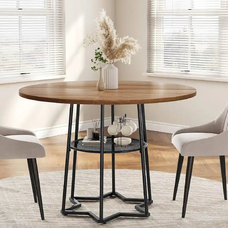 Table à manger ronde grise avec étagère de rangement, base hexagonale, 1 à 2 places