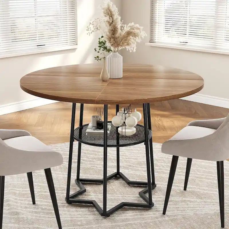 Table à manger ronde grise avec étagère de rangement, base hexagonale, 1 à 2 places