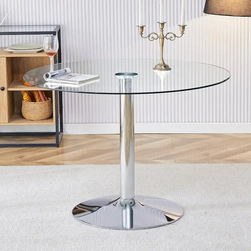 Table à manger ronde en verre argenté et transparent, 4 à 6 places