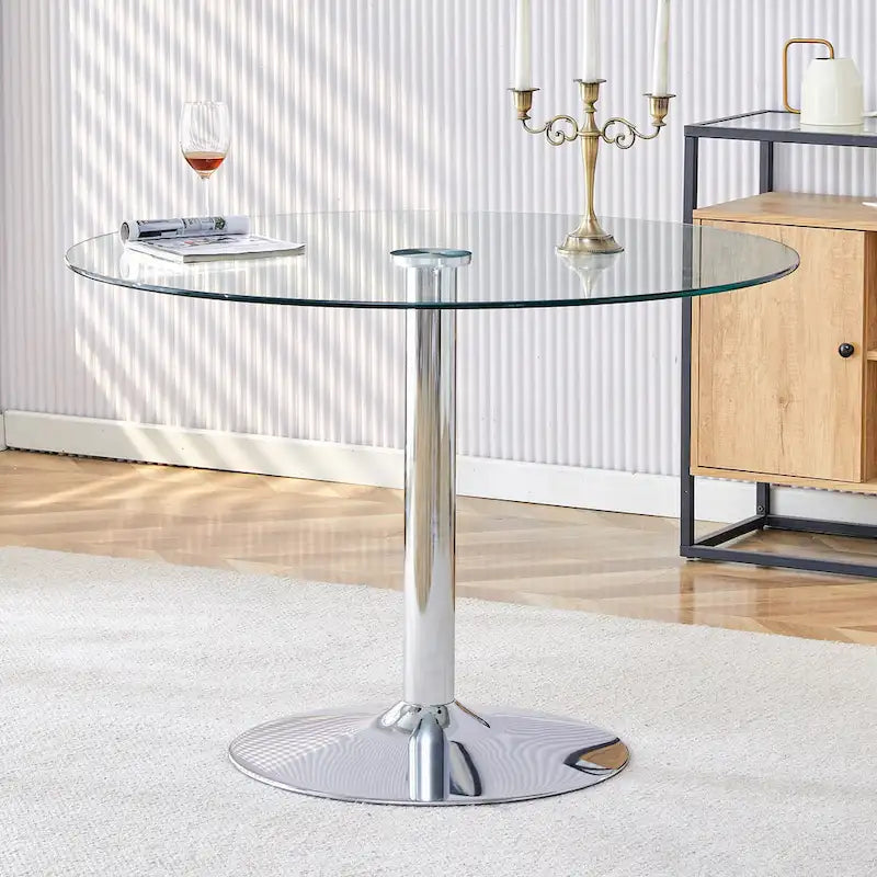 Table à manger ronde en verre argenté et transparent, 4 à 6 places