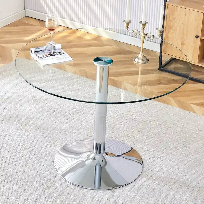 Table à manger ronde en verre argenté et transparent, 4 à 6 places