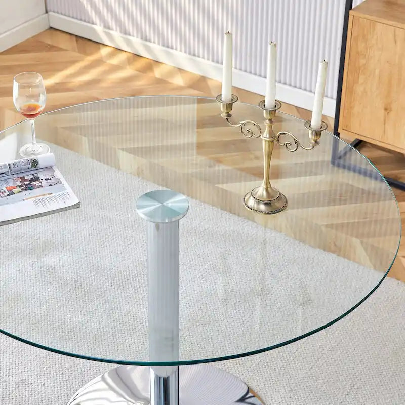 Table à manger ronde en verre argenté et transparent, 4 à 6 places
