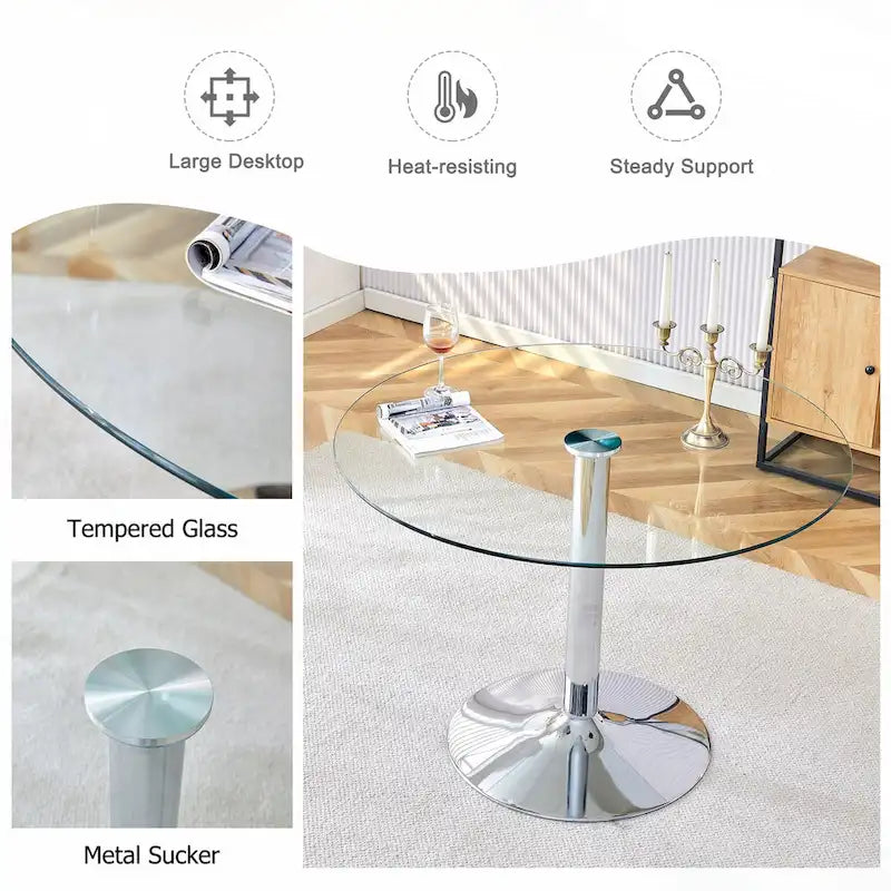 Table à manger ronde en verre argenté et transparent, 4 à 6 places