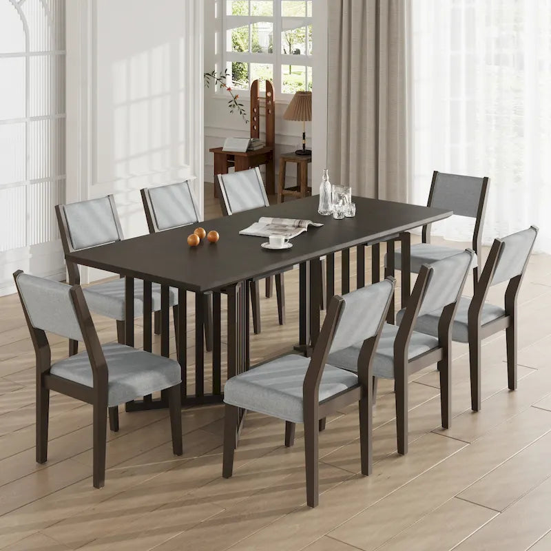 Ensemble table de salle à manger extensible expresso/naturel, table rectangulaire avec 8 chaises rembourrées, 9 places