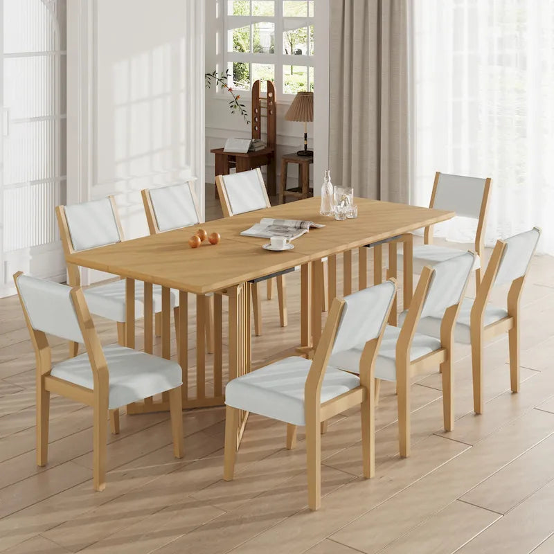 Ensemble table de salle à manger extensible expresso/naturel, table rectangulaire avec 8 chaises rembourrées, 9 places