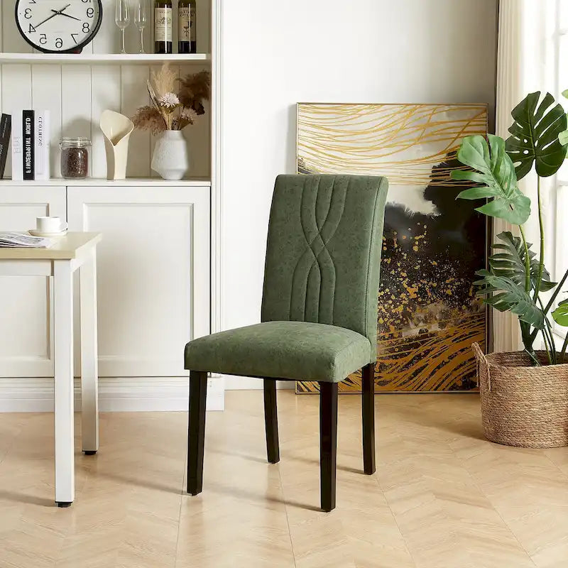 Chaises de salle à manger Parsons à dossier haut rembourrées vertes/brunes/beiges, tissu et pieds en bois massif, lot de 6