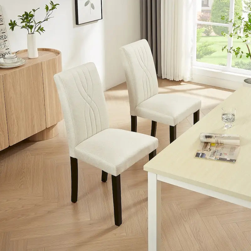 Chaises de salle à manger Parsons à dossier haut rembourrées vertes/brunes/beiges, tissu et pieds en bois massif, lot de 6