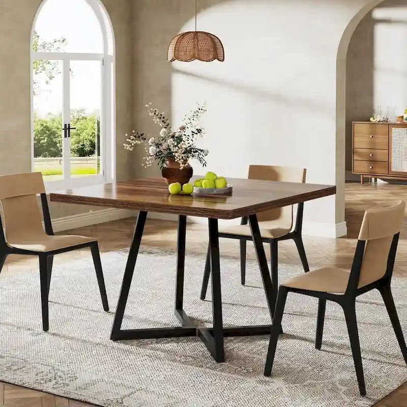 Table à manger carrée avec structure en métal, marron/noir/blanc, 2 à 4 places