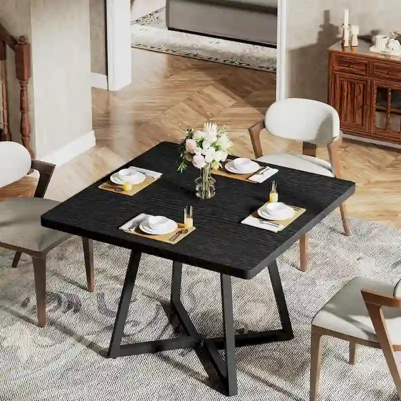 Table à manger carrée avec structure en métal, marron/noir/blanc, 2 à 4 places