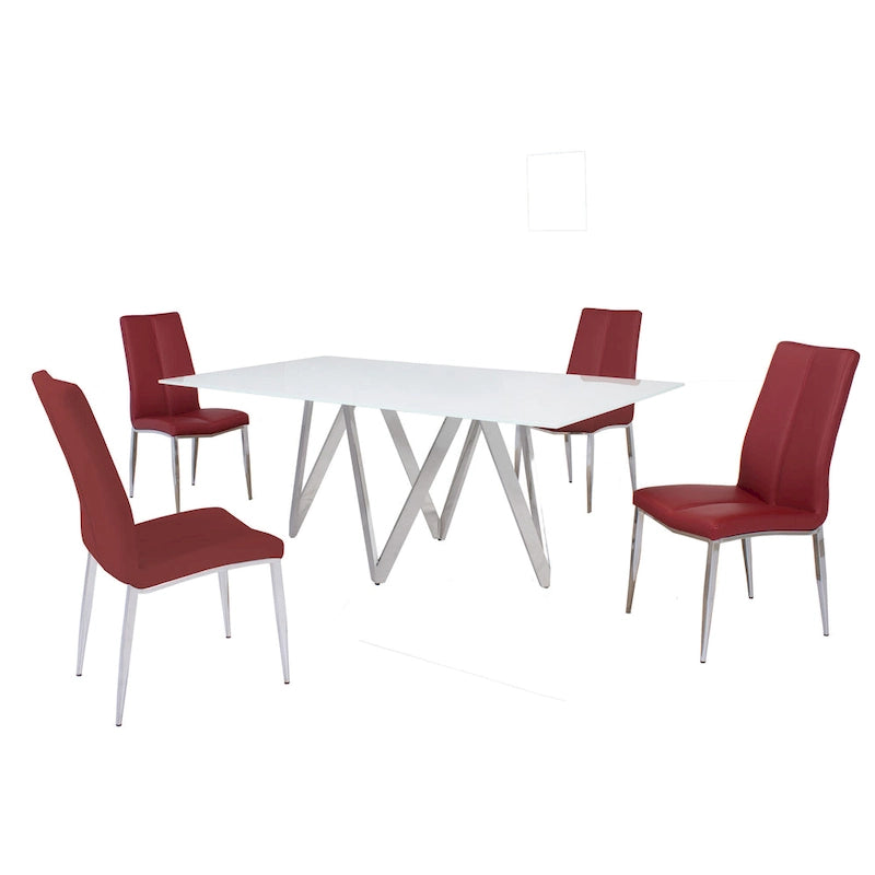 Ensemble de salle à manger rectangulaire 5 pièces (4 places) avec plateau en verre blanc/rouge/gris