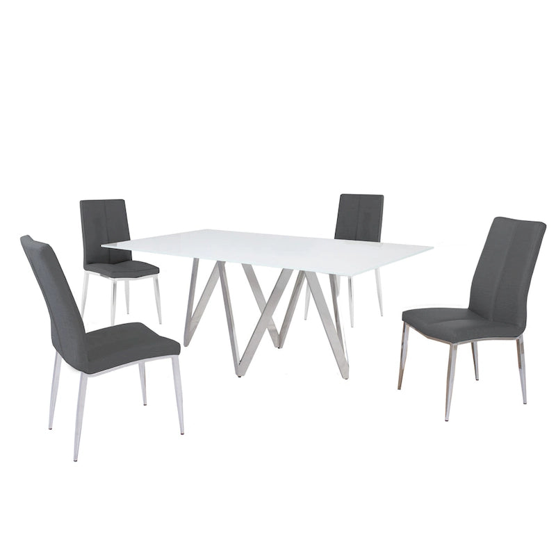 Ensemble de salle à manger rectangulaire 5 pièces (4 places) avec plateau en verre blanc/rouge/gris