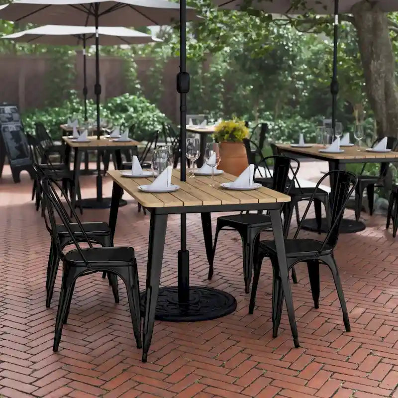 Table à manger d'extérieur rectangulaire marron/noir avec trou pour parasol, 6 places