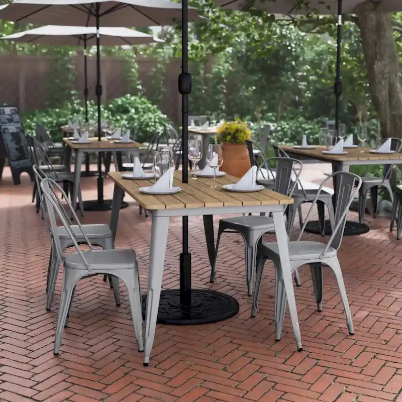 Table à manger d'extérieur rectangulaire marron/noir avec trou pour parasol, 6 places