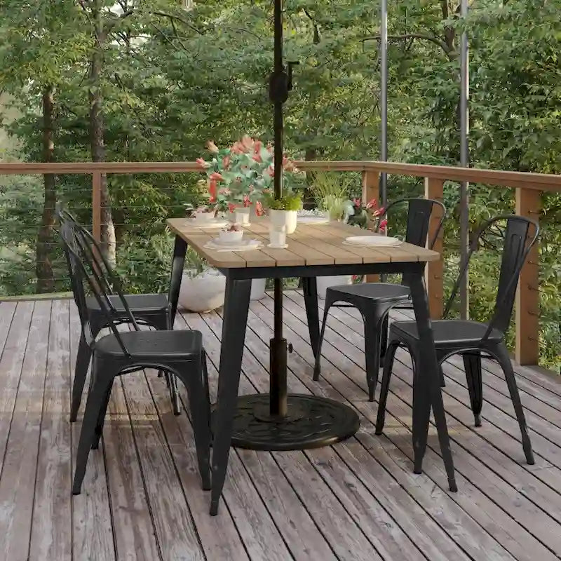 Table à manger d'extérieur rectangulaire marron/noir avec trou pour parasol, 6 places