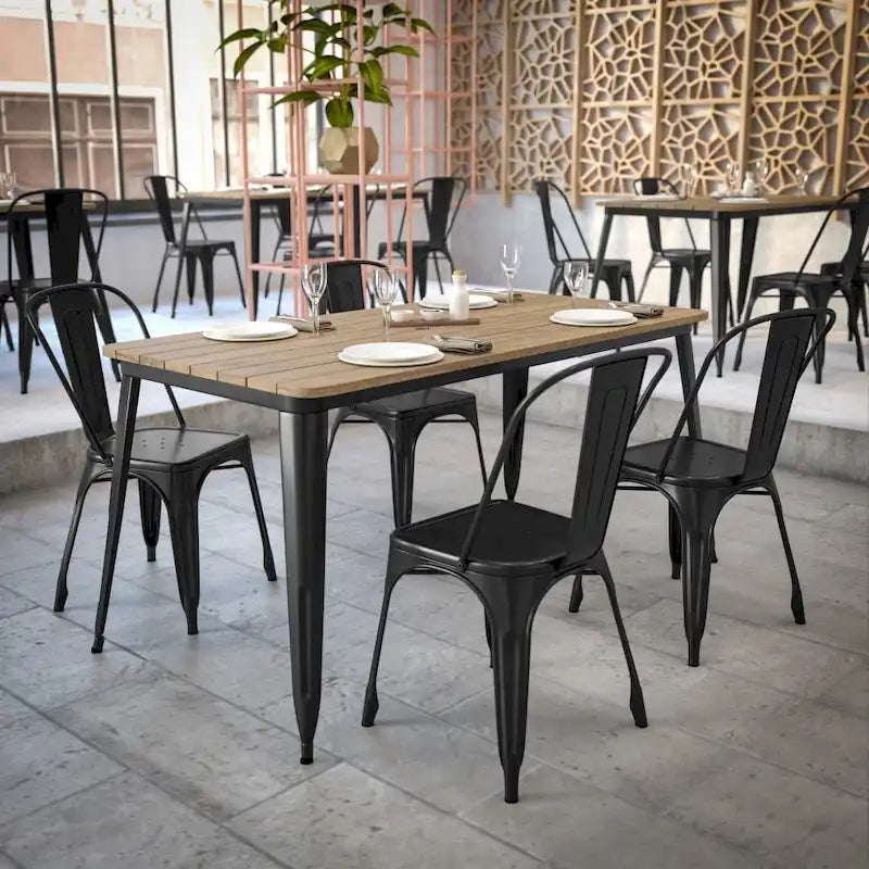 Table à manger d'extérieur rectangulaire marron/noir avec trou pour parasol, 6 places
