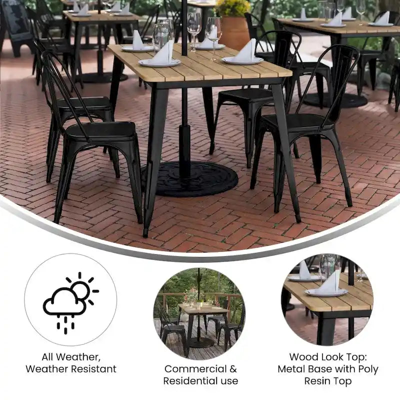 Table à manger d'extérieur rectangulaire marron/noir avec trou pour parasol, 6 places