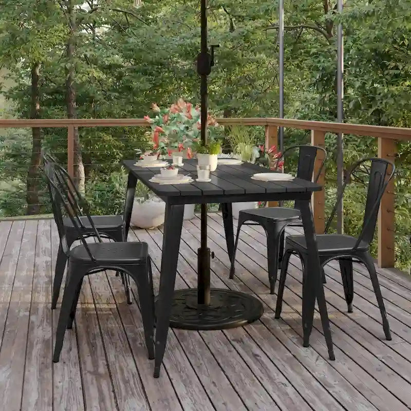 Table à manger d'extérieur rectangulaire marron/noir avec trou pour parasol, 6 places