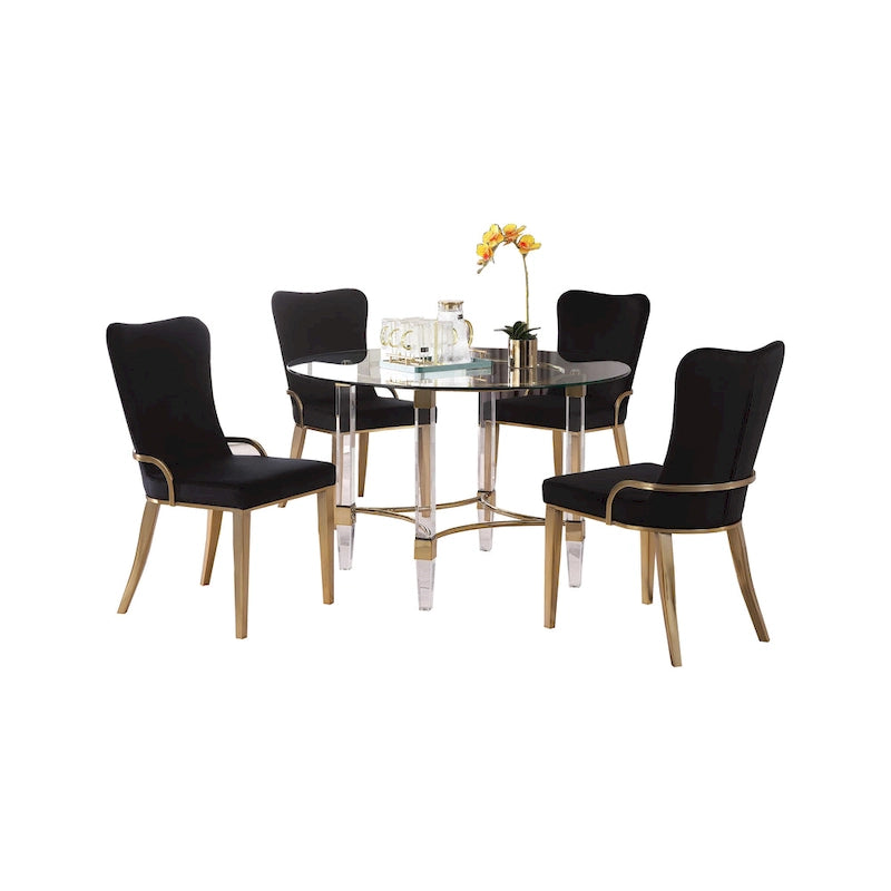 Ensemble de salle à manger rond 5 pièces en verre, noir et or, 4 places