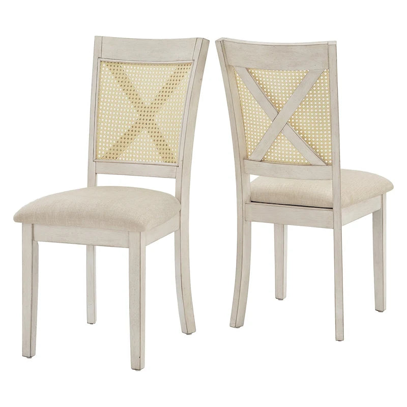 Chaise de salle à manger avec dossier en cannage, assise en lin beige, lot de 2