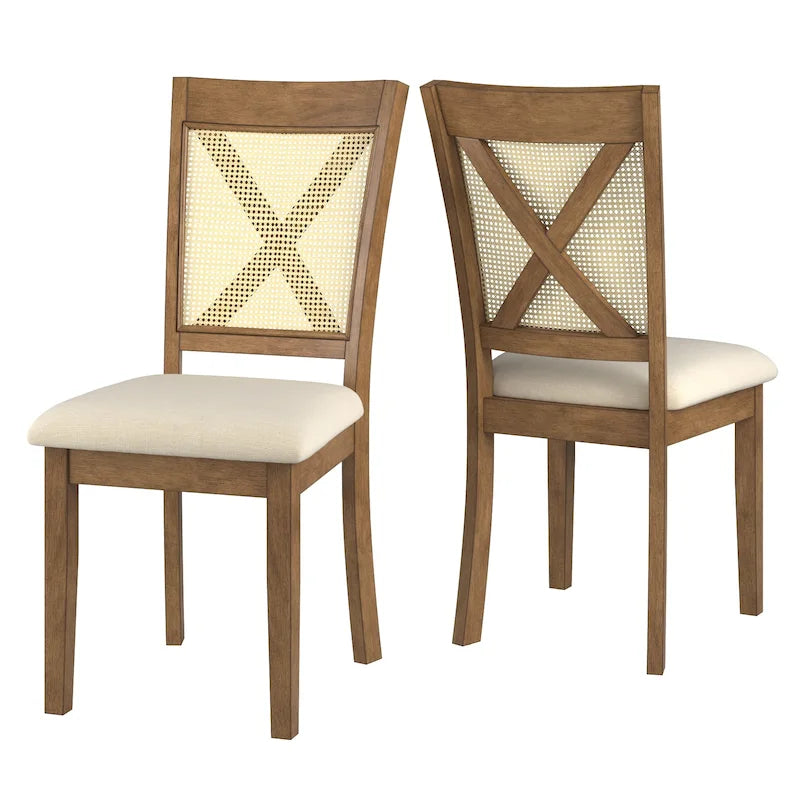 Chaise de salle à manger avec dossier en cannage, assise en lin beige, lot de 2