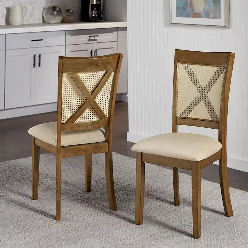 Chaise de salle à manger avec dossier en cannage, assise en lin beige, lot de 2