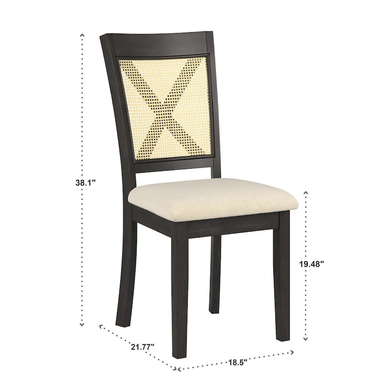 Chaise de salle à manger avec dossier en cannage, assise en lin beige, lot de 2