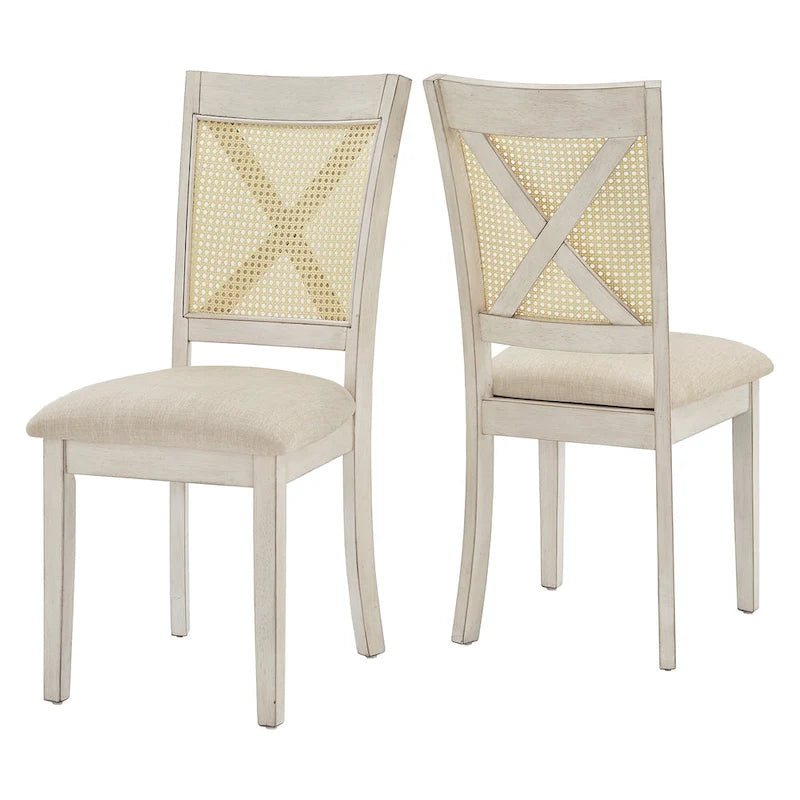 Chaise de salle à manger avec dossier en cannage, assise en lin beige, lot de 2