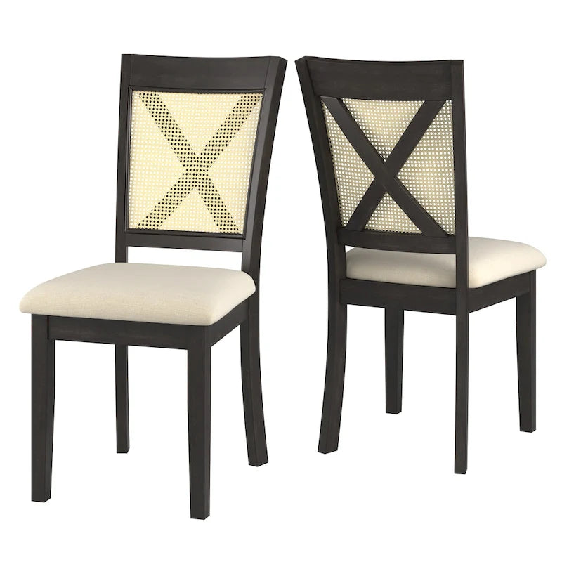 Chaise de salle à manger avec dossier en cannage, assise en lin beige, lot de 2